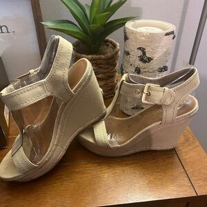 Franco Sarto Cream Wedge Sandals with Ankle Strap